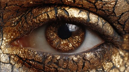 Fototapeta premium Intense closeup of an eye with cracked gold makeup, emphasizing the intricate details and shimmering texture of the cosmetic