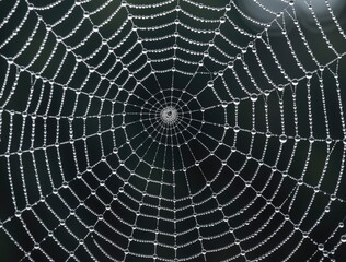 Fototapeta premium Dew drops decorating an intricate spiderweb on dark background