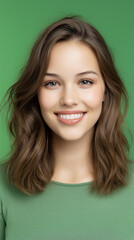 Fototapeta premium Portrait of smiling young woman with long hair on green background, symbolizing beauty, lifestyle, confidence and wellness in modern inspirational setting.