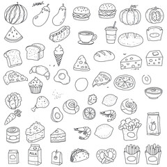 Scattered hand-drawn doodle icons of diverse food and drinks (pizza, coffee, avocado, cake) with text labels on a transparent background, concept of diverse culinary choices and dietary themes