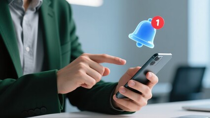A businessman tapping on a phone with floating blue bell icon emphasizing notification alert and digital communication