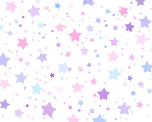 Estrelas coloridas cintilantes em tons pastéis de rosa, azul e roxo espalhadas aleatoriamente sobre um fundo branco puro, criando uma atmosfera mágica e festiva.