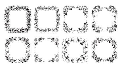 Collection of eight ornate decorative floral square frames and borders in a vintage line art style silhouette