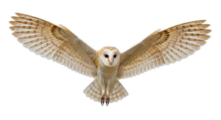 Isolated barn owl with wings spread wide in flight, animalia of nocturnal nature and predation