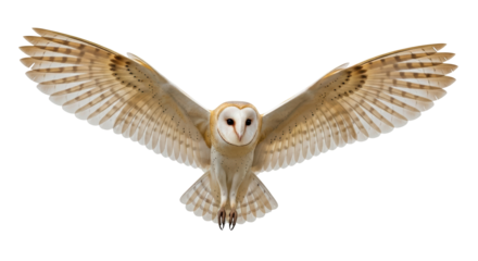 Isolated barn owl with wings spread wide in flight, animalia of nocturnal nature and predation