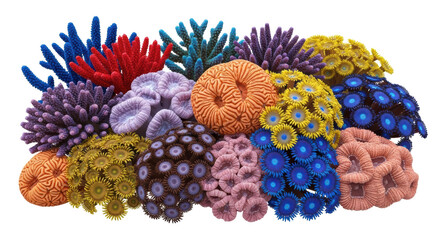 Isolated vibrant collection of coral, marine reef ecosystem, colorful aquatic invertebrates © Natalia