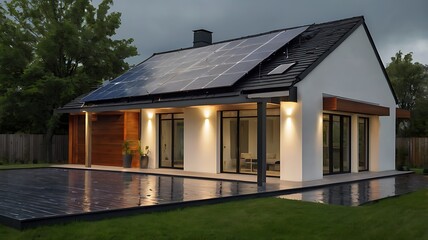 Obraz premium Modern house solar panels sustainable energy home architecture design residential property exterior view