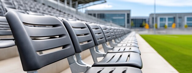 Rows of empty black seats in a modern sports stadium on a sunny day, showcasing anticipation for an upcoming event
