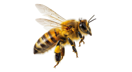 Isolated Western honey bee in flight, Apis mellifera insect on airy transparent wings