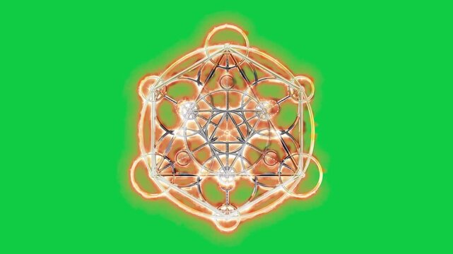 An intricate variation of Metatron's Cube is forged from fiery energy into a polished chrome glyph. This 4K 60fps animation has a hold point, comes on a keyable green screen for powerful visuals.
