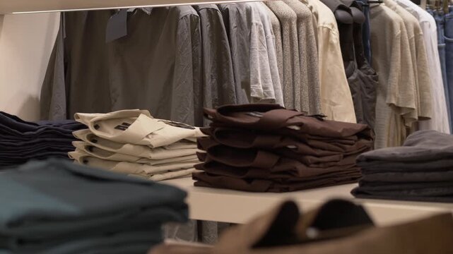 Closeup view of neatly stacked mens shirts in retail store. Fashion shopping background with minimalist style. Clothing organization for stylish casual menswear collection. Mens wear in store