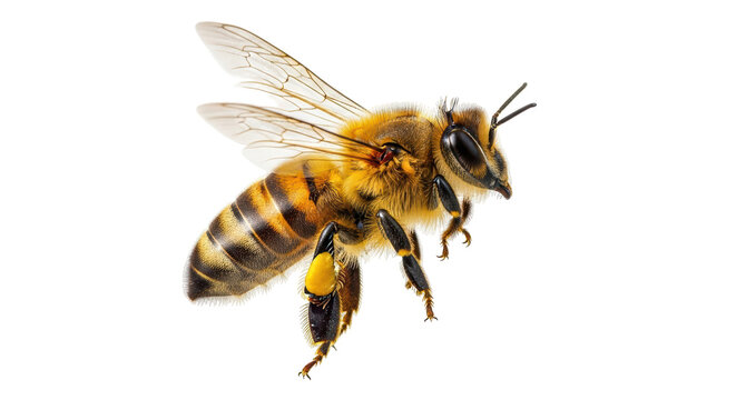 Isolated Western honey bee in flight, Apis mellifera insect on airy transparent wings