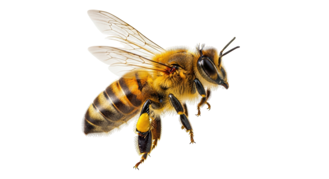 Isolated Western honey bee in flight, Apis mellifera insect on airy transparent wings