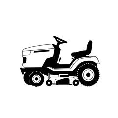 Black silhouette of a riding lawn mower with wheels seat and steering wheel on a white background