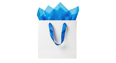 Isolated gift bag with blue tissue paper, shopping bag, present bag, celebration concept