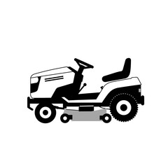 Illustration of a modern white and black riding lawn mower viewed from the side on a white background