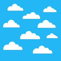 Fluffy white cartoon clouds scattered across a vibrant clear blue sky background