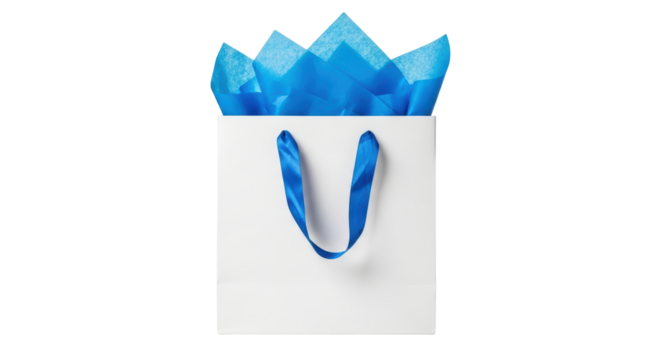 Isolated gift bag with blue tissue paper, shopping bag, present bag, celebration concept