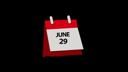 June month 29 date calendar icon  animation with clock  on transparent background. Calendar icon June 29 HD animation. June month 29 calendar date black screen.