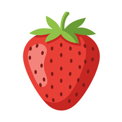 Vibrant red strawberry with green leaves and black seeds isolated on a white background