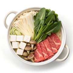 sukiyaki ingredient in hotpot on white background 
