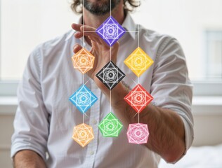 Therapist showing chakras alignment during holistic therapy session