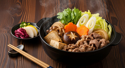 hot sukiyaki hotpot on table 