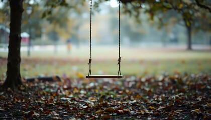Abandoned swing near small quiet tree