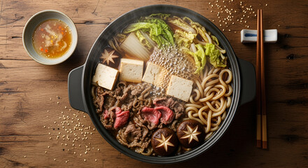 sukiyaki hotpot on wood table top view 