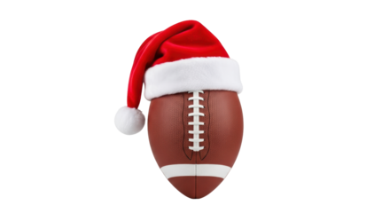 Isolated American football ball wearing a red Santa Claus hat, sports holiday concept