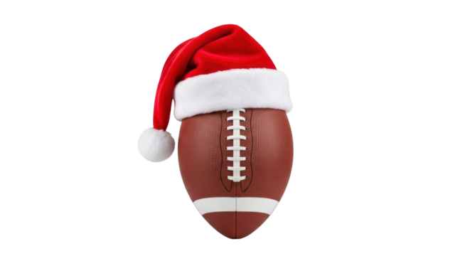 Isolated American football ball wearing a red Santa Claus hat, sports holiday concept