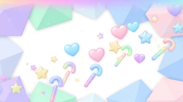 Sweet pastel fantasy background with 3D candy wands, cute hearts, and stars creating a magical dreamscape frame for a celebration