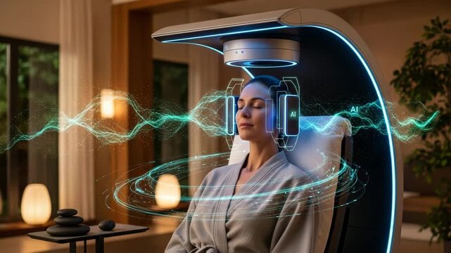A modern woman using a futuristic AI wellness device for meditation and relaxation, with a holographic sound wave visual.
