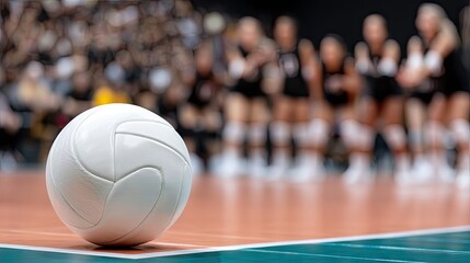 Volleyball game in full swing with players preparing for the next serve and a ball focused in the foreground on the court
