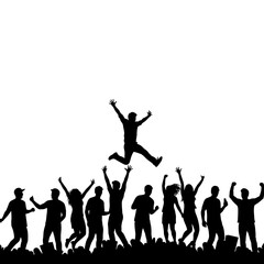 Silhouettes of a joyful crowd jumping and celebrating with one person leaping high in the air