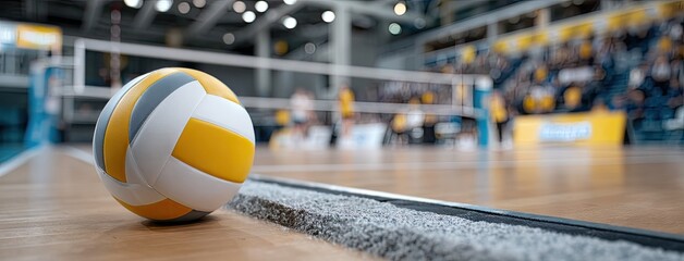Volleyball match underway as a bright yellow and white ball rests on the court beside the net during an energetic competition