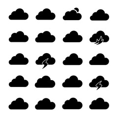 Collection of diverse black cloud icons representing various weather conditions and atmospheric phenomena