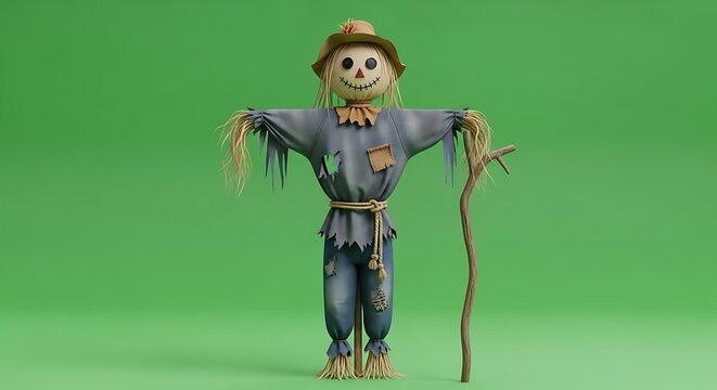 Scarecrow with Stick on Green Background