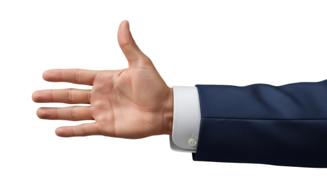 Isolated man wearing suit with hand up, making gesture, showing five, against empty background