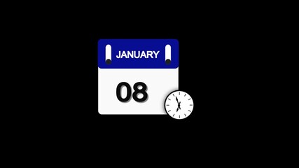 January month 8 date calendar icon  animation with clock  on transparent background. Calendar icon January 8 HD animation. January month 8 calendar date black screen.