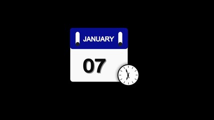January month 7 date calendar icon  animation with clock  on transparent background. Calendar icon January 7 HD animation. January month 7 calendar date black screen.