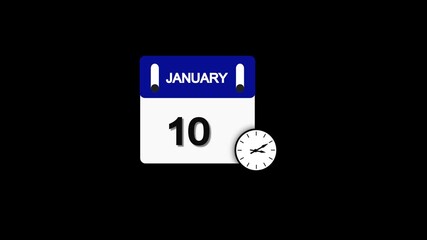 January month 10 date calendar icon  animation with clock  on transparent background. Calendar icon January 10 HD animation. January month 10 calendar date black screen.