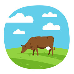Brown cow grazing peacefully in a lush green field under a bright blue sky with fluffy white clouds