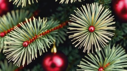 Close-up of a festive Christmas tree with unique starburst-shaped pine needles and vibrant red baubles, capturing the joyful spirit of the holiday season