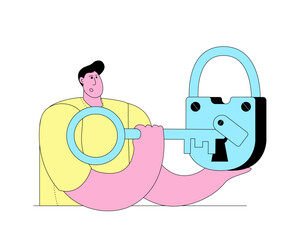 A character opens a lock. Icon in a bright colors. modern cartoon style. Vector Illustration.