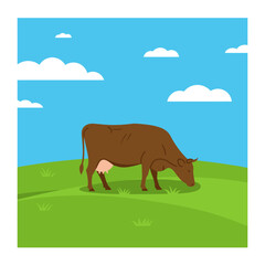 Brown cow grazing peacefully in a vibrant green pasture under a bright blue sky with fluffy white clouds