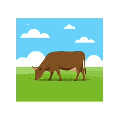 Brown cow grazing peacefully in a lush green meadow under a bright blue sky with fluffy white clouds
