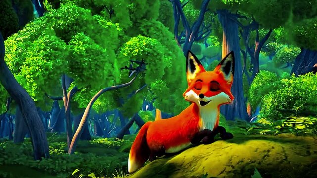 Cute cartoon fox with orange fur and blue eyes walking in a lush magical forest. A 3D rendered woodland animal for children's stories fables and educational animations. Fantasy concept.