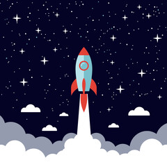 A vibrant cartoon rocket blasting off into a starry night sky with clouds and smoke
