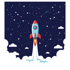 Cartoon rocket ship blasting off into starry night sky with clouds and smoke